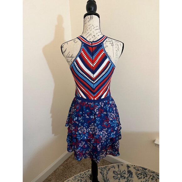 Parker Waverly Knit Crochet Dress Floral Red White Blue Halter Mini Ruffle 0 - Picture 5 of 10